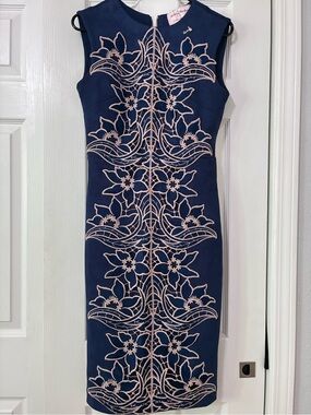 Navy Midi Dress with Blush Floral Embroidery